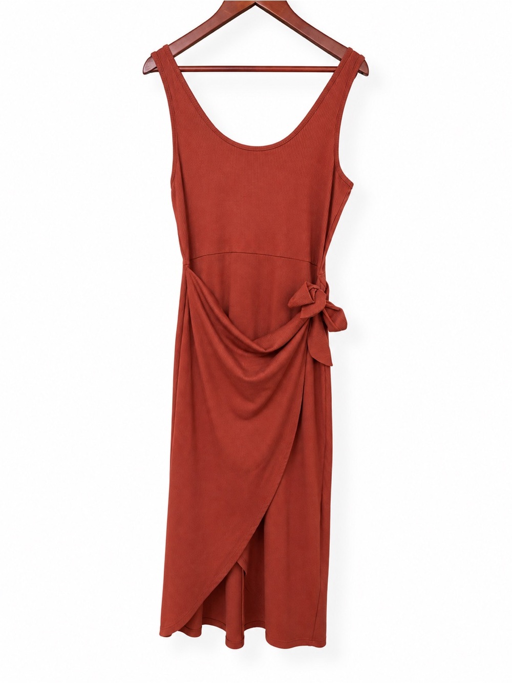 Nine Britton Rust Ribbed Wrap Midi Dress Women's L Tie Waist Sleeveless